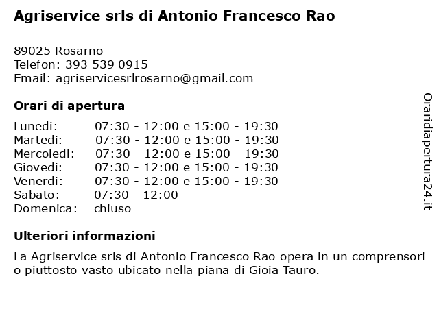 Agriservice srls di Antonio Francesco Rao a Rosarno: indirizzo e orari di apertura