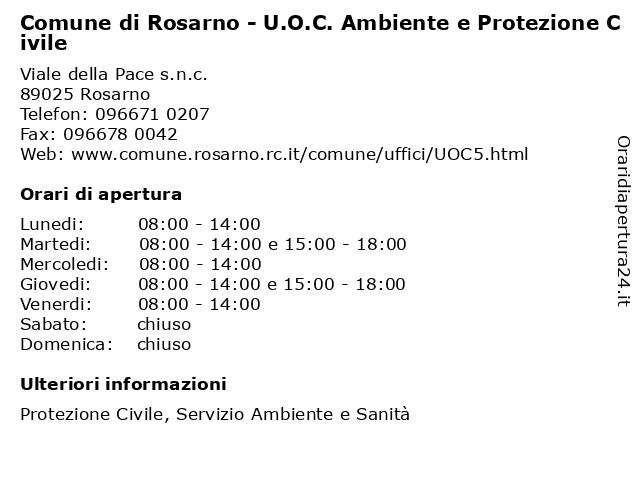 Comune di Rosarno - U.O.C. Ambiente e Protezione Civile a Rosarno: indirizzo e orari di apertura