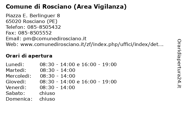 Comune di Rosciano (Area Vigilanza) a Rosciano (PE): indirizzo e orari di apertura