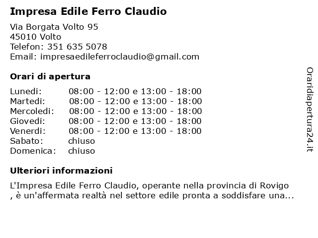 Impresa Edile Ferro Claudio a Rosolina: indirizzo e orari di apertura