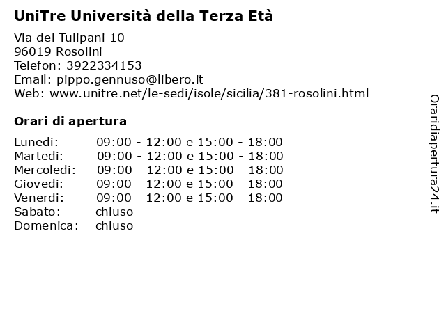 UniTre Università della Terza Età a Rosolini: indirizzo e orari di apertura