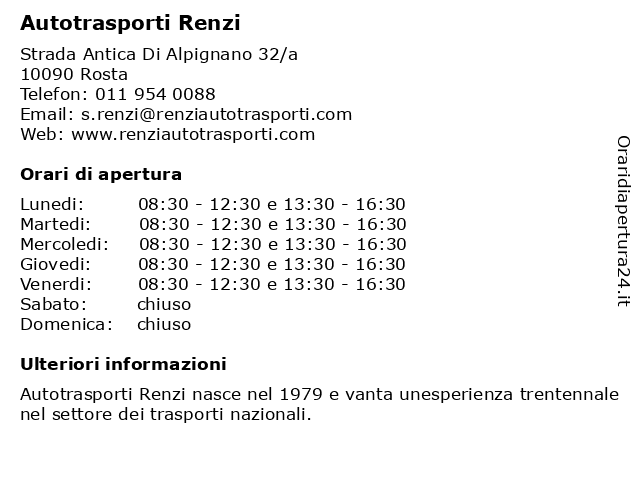 Autotrasporti Renzi a Rosta: indirizzo e orari di apertura