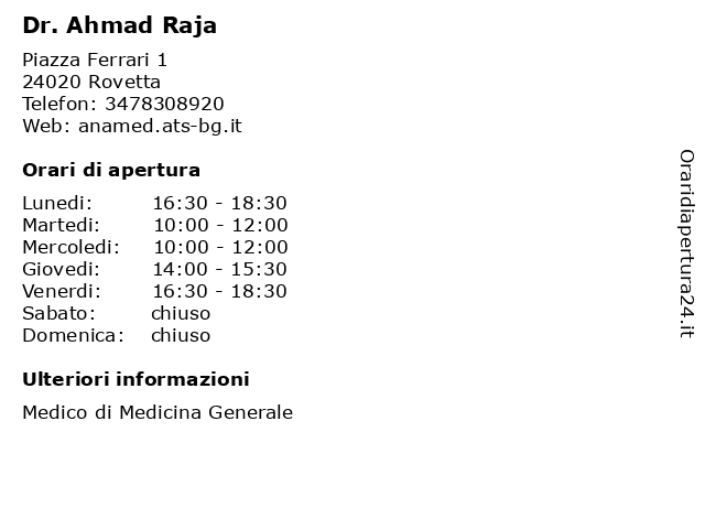 Ambulatorio Medico (Dr. Ahmad Raja) a Rovetta: indirizzo e orari di apertura