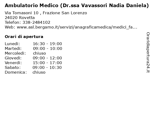 Ambulatorio Medico (Dr.ssa Vavassori Nadia Daniela) a Rovetta: indirizzo e orari di apertura