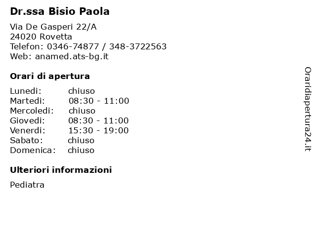 Ambulatorio Pediatrico (Dr.ssa Bisio Paola) a Rovetta: indirizzo e orari di apertura