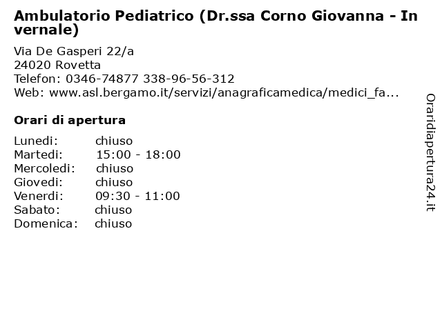 Ambulatorio Pediatrico (Dr.ssa Corno Giovanna - Invernale) a Rovetta: indirizzo e orari di apertura