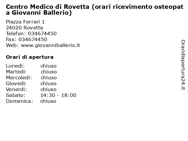 Centro Medico di Rovetta (orari ricevimento osteopata Giovanni Ballerio) a Rovetta: indirizzo e orari di apertura