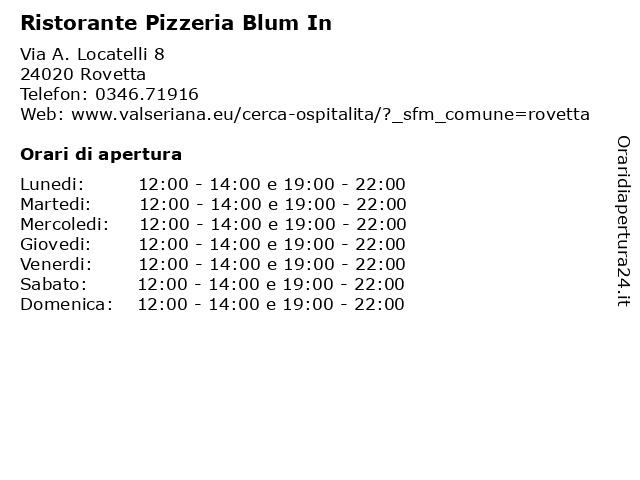 Ristorante Pizzeria Blum In a Rovetta: indirizzo e orari di apertura