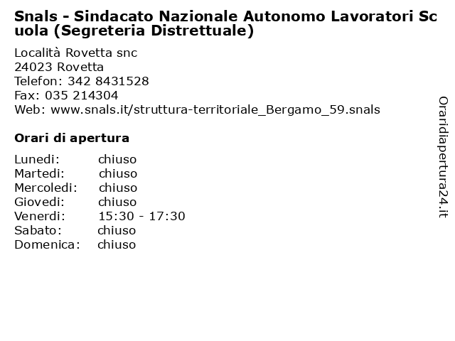 Snals - Sindacato Nazionale Autonomo Lavoratori Scuola (Segreteria Distrettuale) a Rovetta: indirizzo e orari di apertura