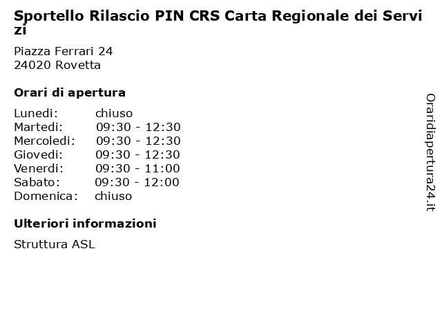 Sportello Rilascio PIN CRS Carta Regionale dei Servizi a Rovetta: indirizzo e orari di apertura