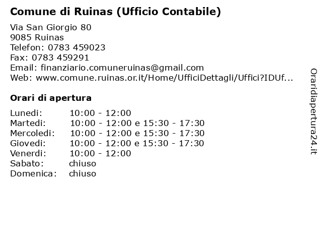 Comune di Ruinas (Ufficio Contabile) a Ruinas: indirizzo e orari di apertura