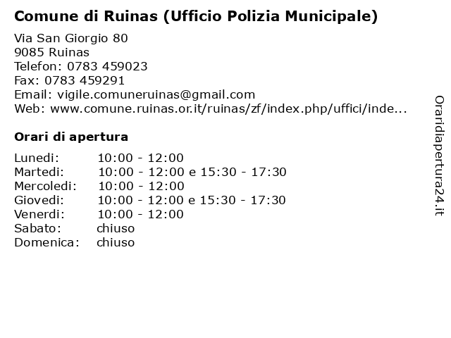 Comune di Ruinas (Ufficio Polizia Municipale) a Ruinas: indirizzo e orari di apertura