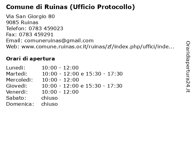 Comune di Ruinas (Ufficio Protocollo) a Ruinas: indirizzo e orari di apertura