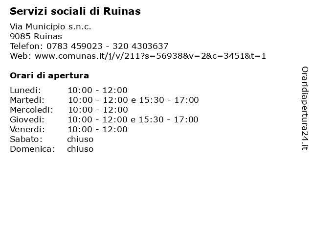 Servizi sociali di Ruinas a Ruinas: indirizzo e orari di apertura