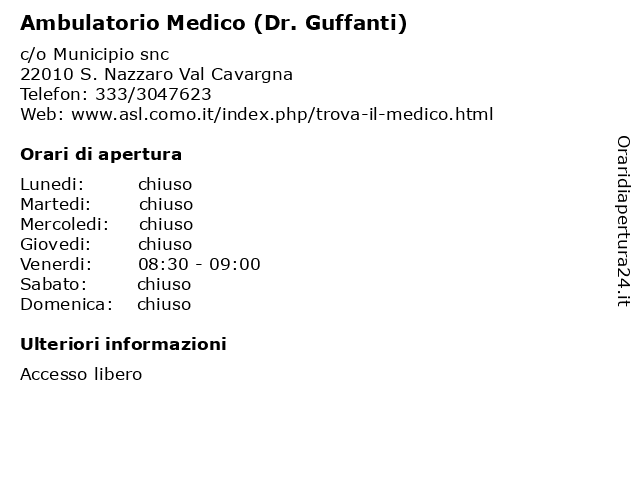 Ambulatorio Medico (Dr. Guffanti) a S. Nazzaro Val Cavargna: indirizzo e orari di apertura
