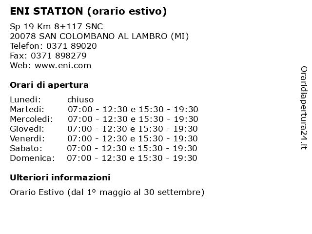 ENI STATION (orario estivo) a SAN COLOMBANO AL LAMBRO (MI): indirizzo e orari di apertura