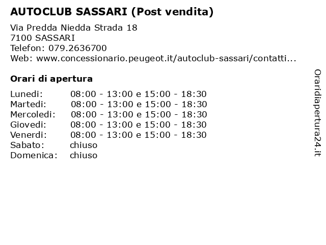 AUTOCLUB SASSARI (Post vendita) a SASSARI: indirizzo e orari di apertura