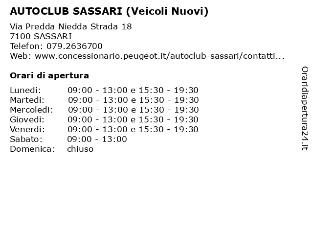 AUTOCLUB SASSARI (Veicoli Nuovi) a SASSARI: indirizzo e orari di apertura