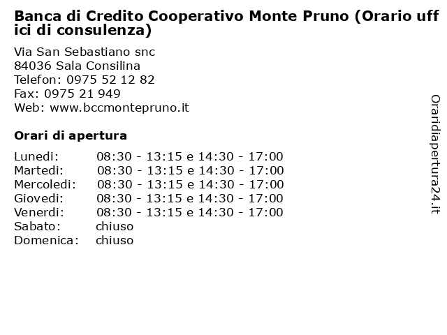 Banca di Credito Cooperativo Monte Pruno (Orario uffici di consulenza) a Sala Consilina: indirizzo e orari di apertura