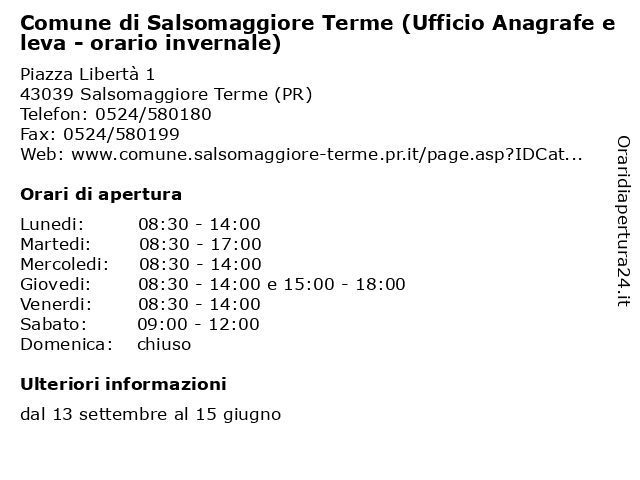 Comune di Salsomaggiore Terme (Ufficio Anagrafe e leva - orario invernale) a Salsomaggiore Terme (PR): indirizzo e orari di apertura