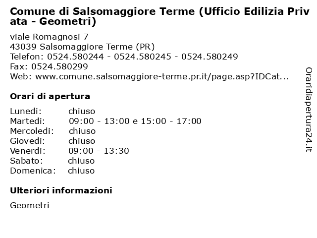 Comune di Salsomaggiore Terme (Ufficio Edilizia Privata - Geometri) a Salsomaggiore Terme (PR): indirizzo e orari di apertura
