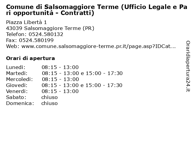 Comune di Salsomaggiore Terme (Ufficio Legale e Pari opportunità - Contratti) a Salsomaggiore Terme (PR): indirizzo e orari di apertura