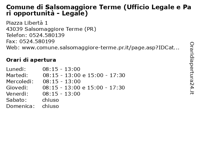 Comune di Salsomaggiore Terme (Ufficio Legale e Pari opportunità - Legale) a Salsomaggiore Terme (PR): indirizzo e orari di apertura