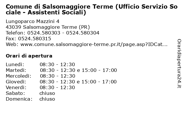 Comune di Salsomaggiore Terme (Ufficio Servizio Sociale - Assistenti Sociali) a Salsomaggiore Terme (PR): indirizzo e orari di apertura