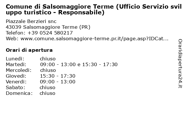 Comune di Salsomaggiore Terme (Ufficio Servizio sviluppo turistico - Responsabile) a Salsomaggiore Terme (PR): indirizzo e orari di apertura