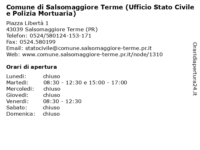 Comune di Salsomaggiore Terme (Ufficio Stato Civile e Polizia Mortuaria) a Salsomaggiore Terme (PR): indirizzo e orari di apertura
