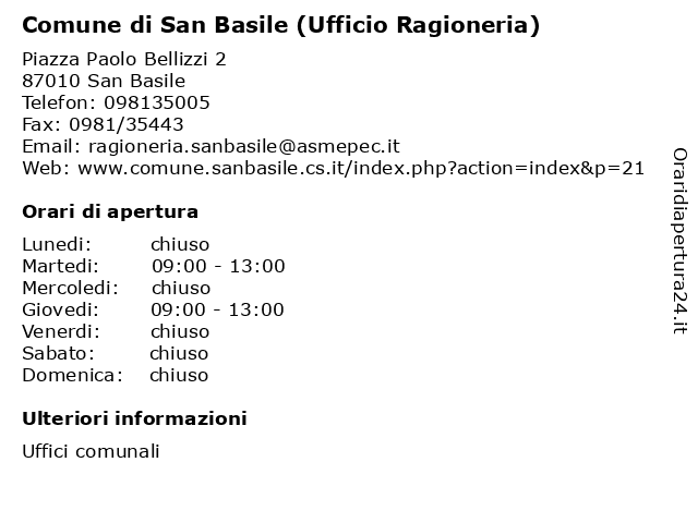 Comune di San Basile (Ufficio Ragioneria) a San Basile: indirizzo e orari di apertura