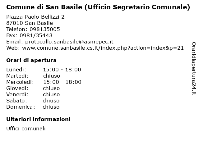 Comune di San Basile (Ufficio Segretario Comunale) a San Basile: indirizzo e orari di apertura