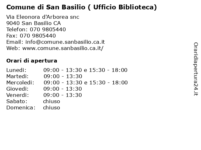 Comune di San Basilio ( Ufficio Biblioteca) a San Basilio CA: indirizzo e orari di apertura