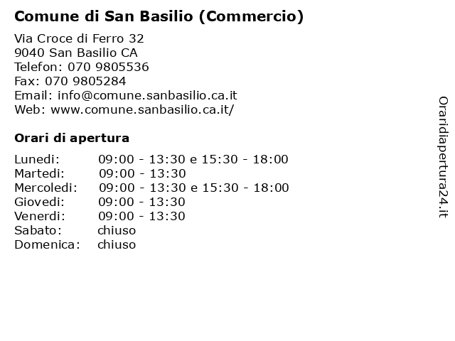 Comune di San Basilio (Commercio) a San Basilio CA: indirizzo e orari di apertura