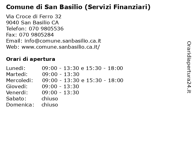Comune di San Basilio (Servizi Finanziari) a San Basilio CA: indirizzo e orari di apertura