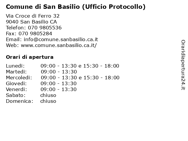 Comune di San Basilio (Ufficio Protocollo) a San Basilio CA: indirizzo e orari di apertura