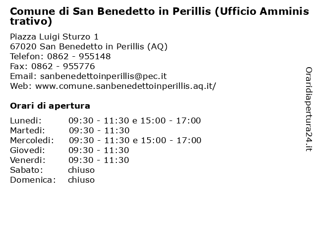 Comune di San Benedetto in Perillis (Ufficio Amministrativo) a San Benedetto in Perillis (AQ): indirizzo e orari di apertura