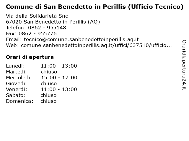 Comune di San Benedetto in Perillis (Ufficio Tecnico) a San Benedetto in Perillis (AQ): indirizzo e orari di apertura
