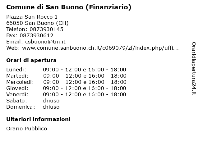Comune di San Buono (Finanziario) a San Buono (CH): indirizzo e orari di apertura