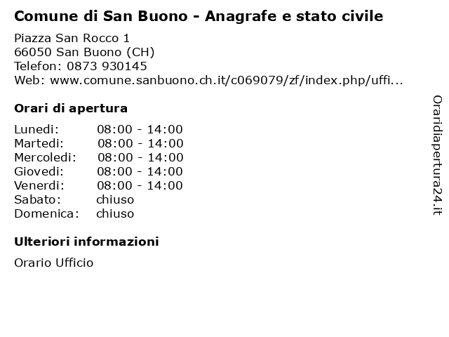 Comune di San Buono - Anagrafe e stato civile a San Buono (CH): indirizzo e orari di apertura