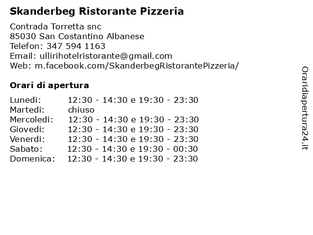 Skanderbeg Ristorante Pizzeria a San Costantino Albanese: indirizzo e orari di apertura