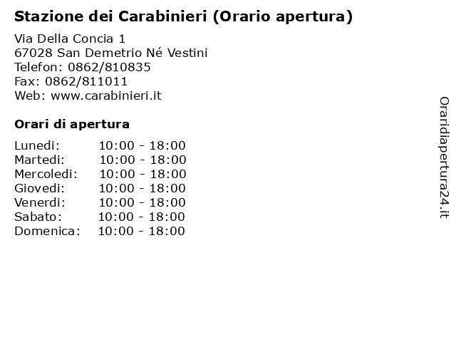 Stazione dei Carabinieri (Orario apertura) a San Demetrio Né Vestini: indirizzo e orari di apertura
