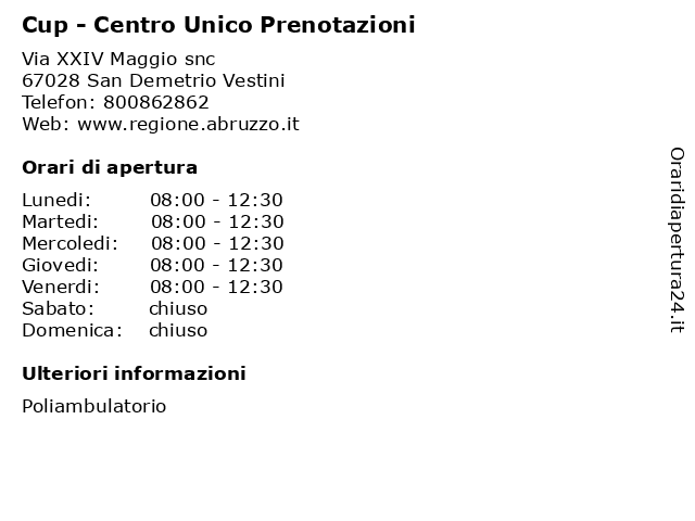 Cup - Centro Unico Prenotazioni a San Demetrio Vestini: indirizzo e orari di apertura