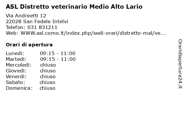 ASL Distretto veterinario Medio Alto Lario a San Fedele Intelvi: indirizzo e orari di apertura