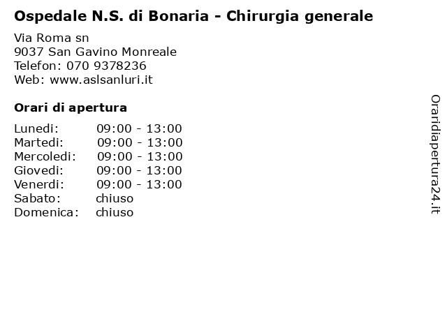 Ospedale N.S. di Bonaria - Chirurgia generale a San Gavino Monreale: indirizzo e orari di apertura