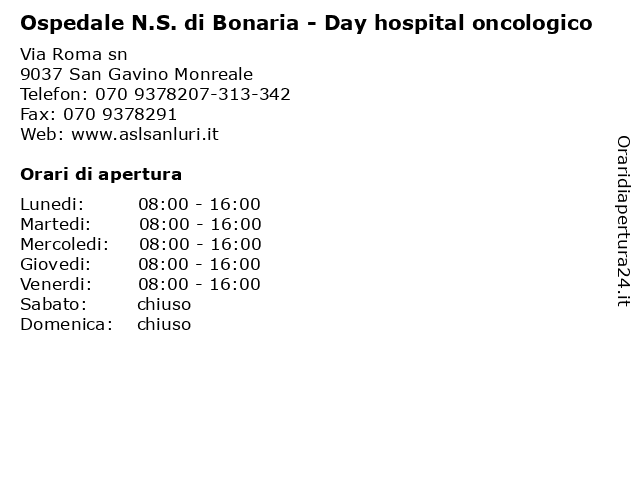 Ospedale N.S. di Bonaria - Day hospital oncologico a San Gavino Monreale: indirizzo e orari di apertura