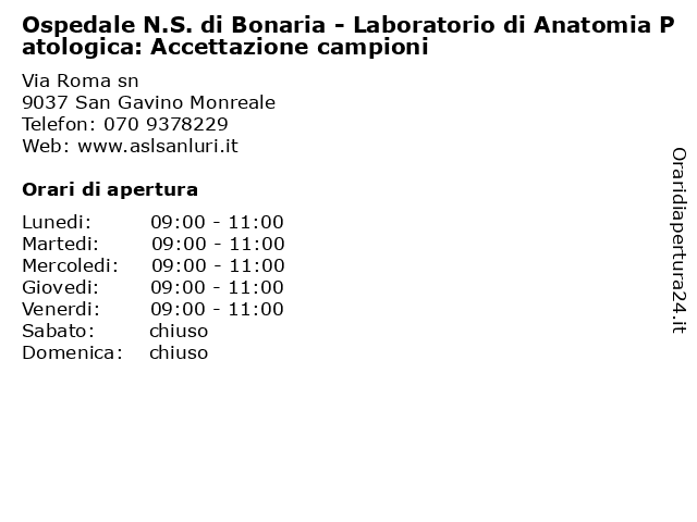 Ospedale N.S. di Bonaria - Laboratorio di Anatomia Patologica: Accettazione campioni a San Gavino Monreale: indirizzo e orari di apertura