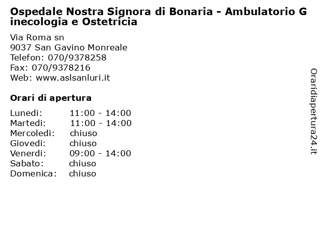 Ospedale Nostra Signora di Bonaria - Ambulatorio Ginecologia e Ostetricia a San Gavino Monreale: indirizzo e orari di apertura