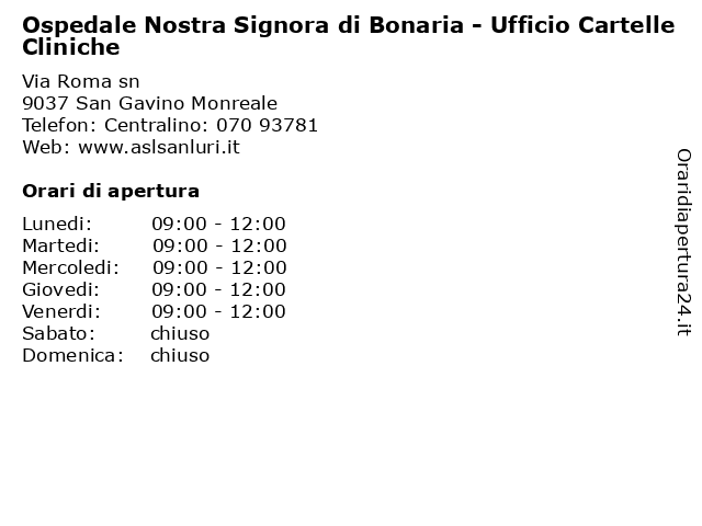 Ospedale Nostra Signora di Bonaria - Ufficio Cartelle Cliniche a San Gavino Monreale: indirizzo e orari di apertura