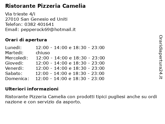 Ristorante Pizzeria Camelia a San Genesio ed Uniti: indirizzo e orari di apertura